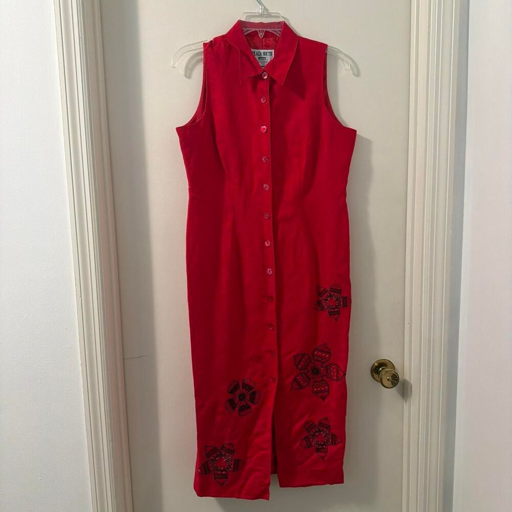 Vintage y2K Plaza South Petite Women's Red Linen Dress sz 4